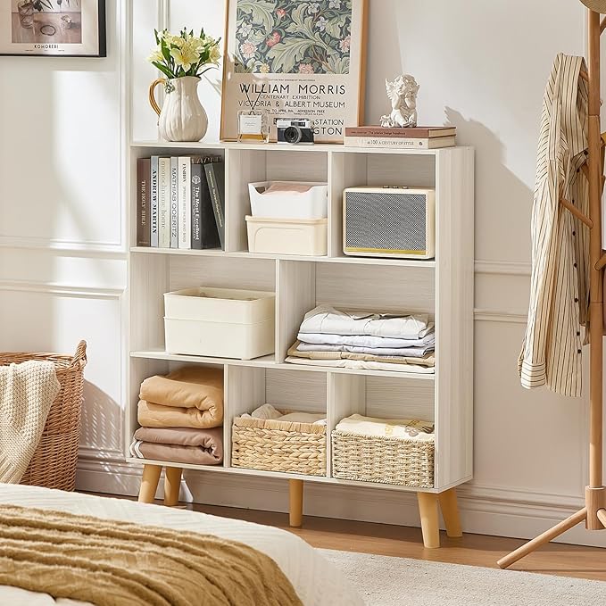 LEYAOYAO 8 Cube Bookshelf,Mid-Century Modern Bookcase with Legs,Light Grey | 3 Tier Book Shelf,Rustic Wood Bookshelves Freestanding Large Storage Organizer, Open Shelves for Bedroom, Living Room, Office