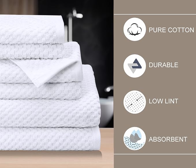 COTTON CRAFT Euro Spa Waffle Weave 6 Piece Towel Set - 100% Cotton - White | 2 Oversized Luxurious Large Bath Towels, 2 Hand Towels, 2 Washcloths - Soft Plush Super Absorbent Low Lint Quick Dry