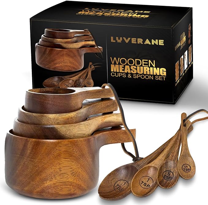 wooden measuring cups and spoons set - 8 Piece Solid Acacia Wood Stackable Kitchen Essentials for Precise Cooking, Baking & Food Prep - Engraved Measurements