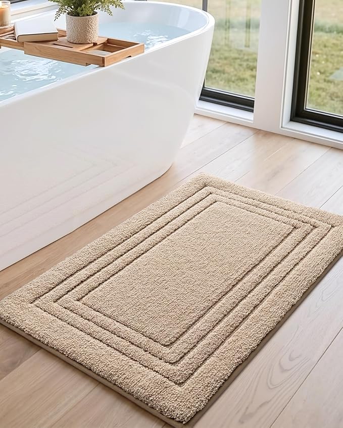 DEXI Bath Mats Bathroom Rug Non Slip Bathmat, 43x24 Beige | Large Soft Microfiber Carpet, Washable, Absorbent Quick Dry for Shower Floor Sink