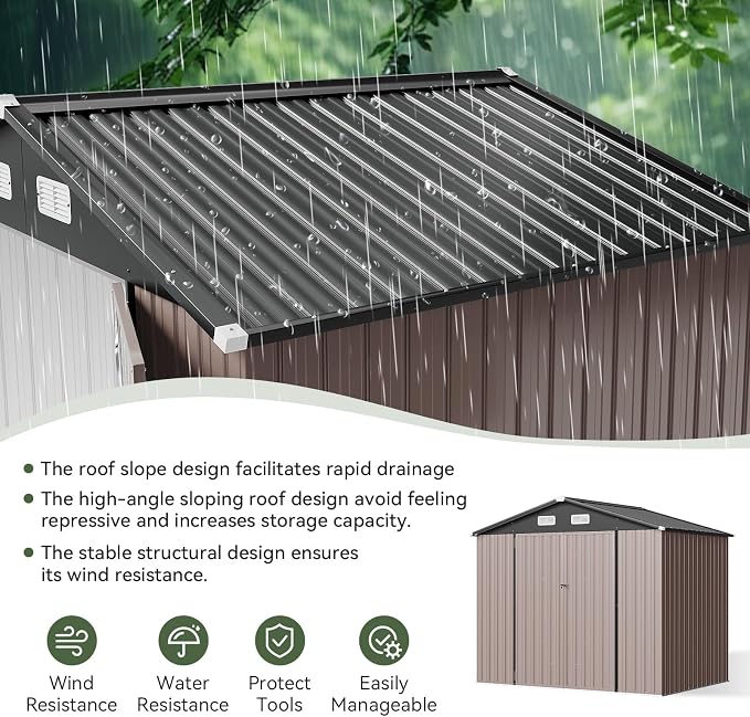 Aoxun 8x6 FT Shed Outdoor Storage Shed, Brown | Metal Shed with Lockable Doors & Slooping Roof Garden Tool Shed for Backyard, Patio, Poolside