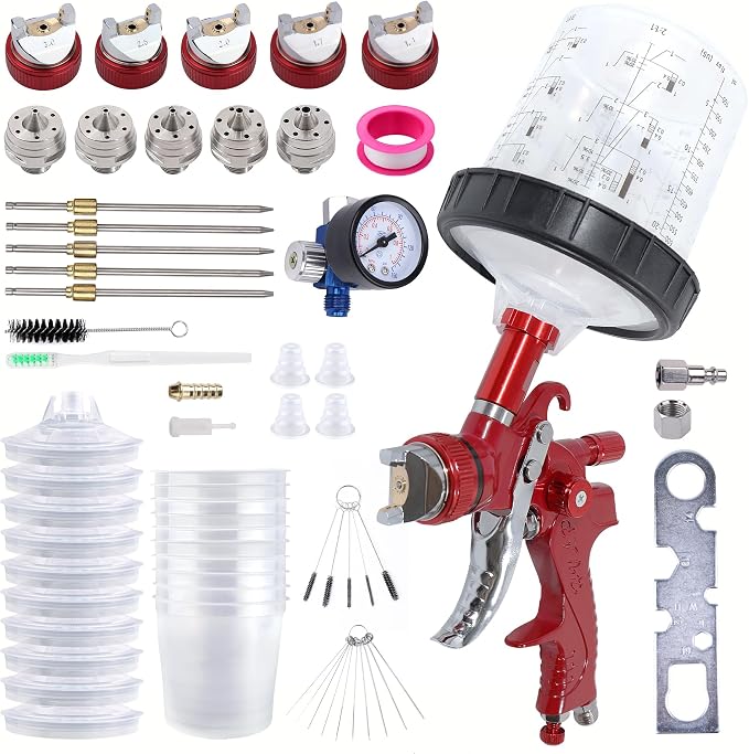 HVLP Paint Gun with 10 Disposable 600ML Paint Cups & 5 Nozzles | 1.4/1.7/2.0/2.5/3.0mm Nozzles Gravity Feed Spray Gun & Disposable Paint Cups for Automotive, Car Painting, Primer (Scarlet)