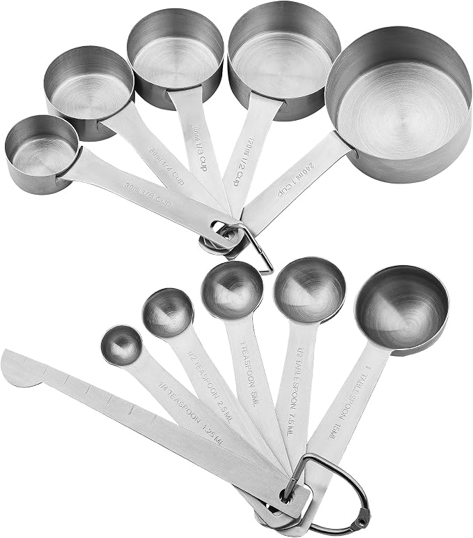 Stainless Steel Measuring Cups and Spoons Set, 18/8(304) Steel Material Heavy Duty 5 Measuring cups and 5 Measuring Spoons 1 Leveler and 2 rings Pack 13pcs Per set