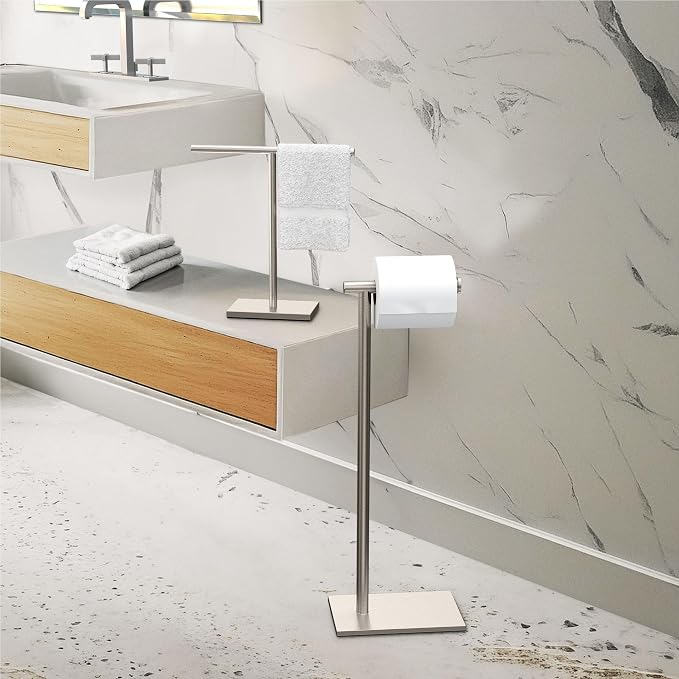 Gatco 1431SN Bathroom Toilet Paper Holder Stand, Freestanding Tissue Roll Holder, Weighted Base, Satin Nickel, 22.25 Inch, Modern Rectangle Base