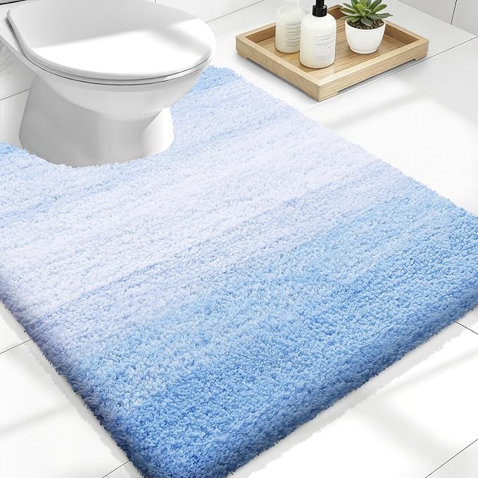 OLANLY Luxury Toilet Rugs U-Shaped 24x20, Extra Soft and Absorbent Microfiber Bathroom Rugs, Non-Slip Plush Shaggy Bath Mat, Machine Wash Dry, Contour Bathroom Mats for Toilet Base, Light Blue