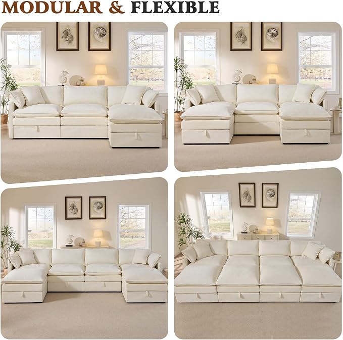 Ihanherry 103" Modular Sectional Sofa with Storage, L Shaped Cloud Couch with Movable Ottomans & 4 Pillows, Chenille Deep Seat Sectional Couches for Living Room, Apartment (Beige)