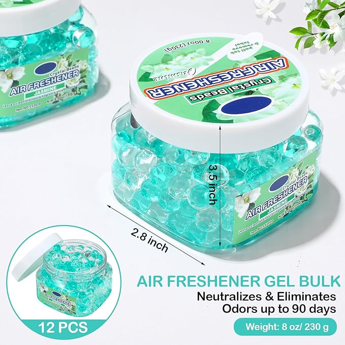 12 Pcs Air Freshener Bulk Odor Gel Eliminator Beads 8 oz Long Lasting Air Freshener Beads Eliminates Odors in Home Bathrooms, Cars, Boats, Rvs and Pet Areas(Jasmine)