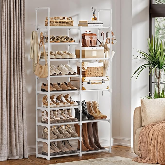 WOWLIVE 9 Tiers White Shoe Rack for Closet Shoe Rack Storage Organizer for Entryway 30-35 Pairs Stackable Shoe Shelf for Front Entrance Metal Pipes with Plastic Connectors