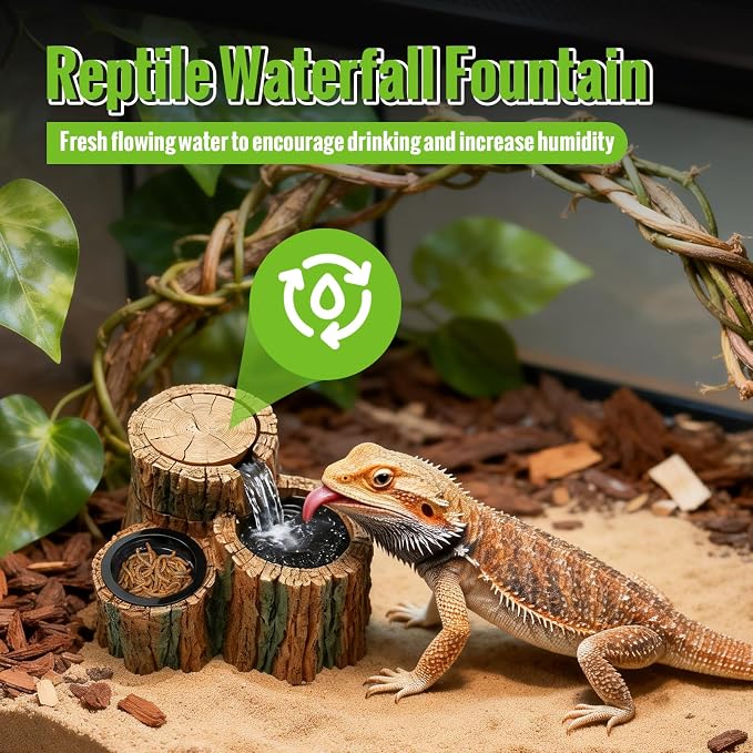 MIXJOY 2 in 1 Reptile Water Fountain with Food Dish 550ML, Reptile Waterfall Drinking Fountain with Adjustable Flow, Natural Resin, Reptile Water Dispenser for Bearded Dragon Gecko Lizard Chameleon