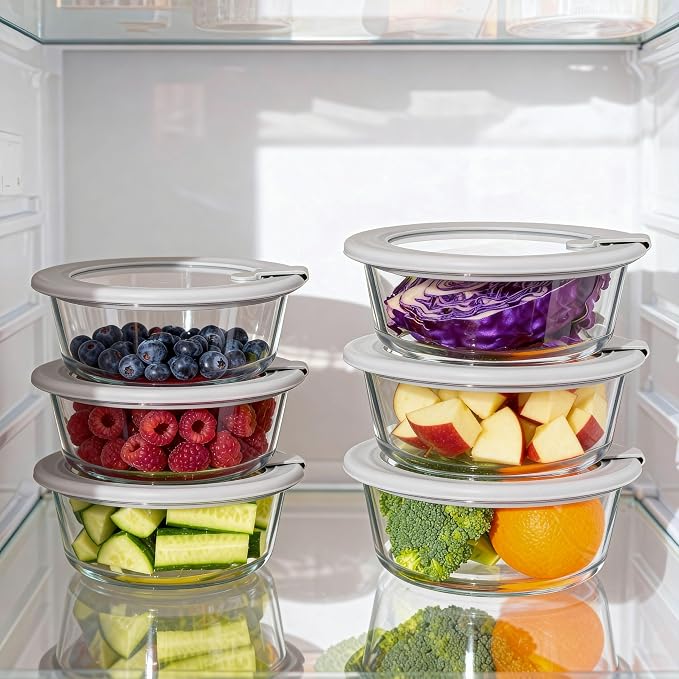 Glass Food Containers with Glass Lid, Microwave Safe Food Storage Container Set, 6 Pack, Large Size Airtight Storage Set with Leak Proof Lids, Meal Prep Containers