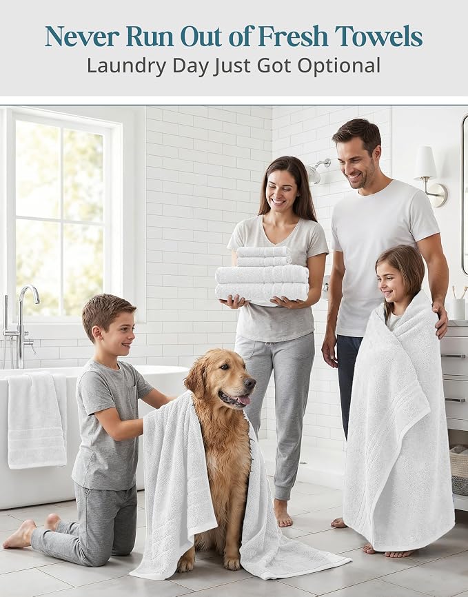Casa Platino Bath Towel Set 100% Cotton 12 Piece Soft Absorbent - White | Bathroom Towels - Generously Sized, Oversized & Roomy, Lightweight & Breathable, Fade-Resistant Color, Classic Terry Weave