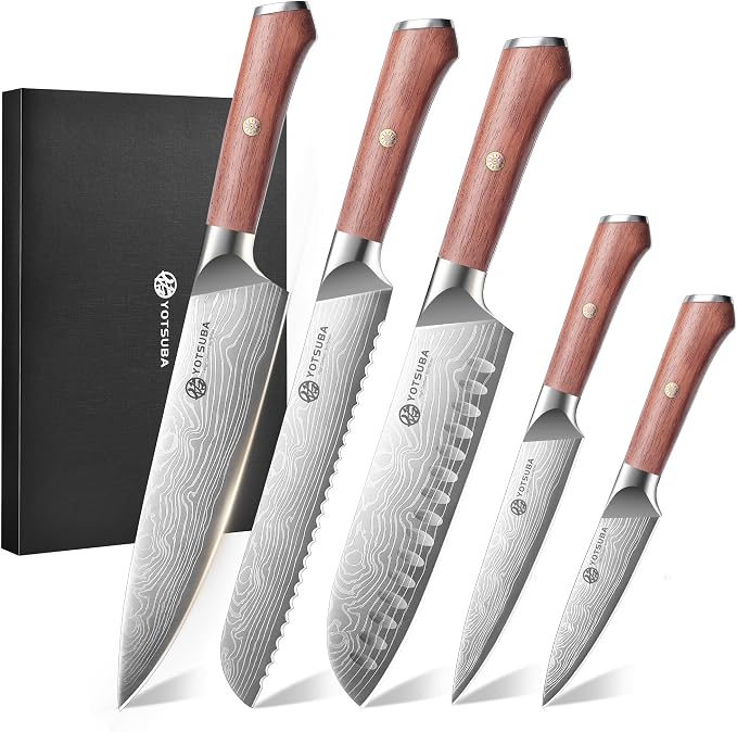 YOTSUBA 5 PCS Japanese Kitchen Knife Set with Ergonomic Natural Rosewood Handle, Razor Sharp High Carbon Stainless Steel Chef Knives, Premium Gift Box for Home Chefs