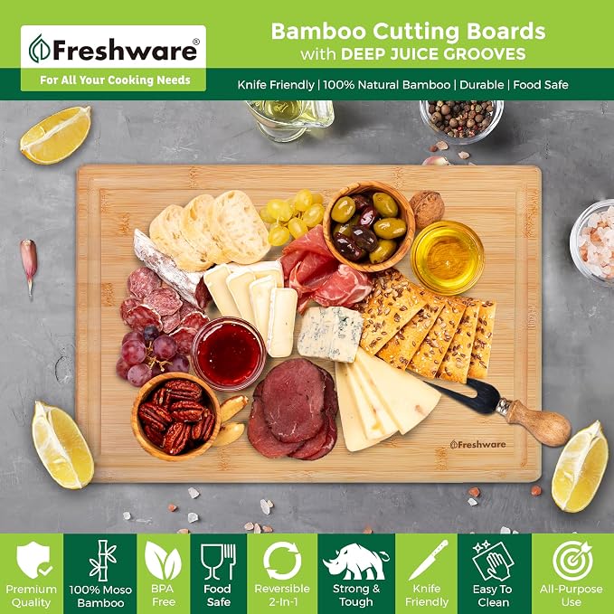 Bamboo Cutting Boards for Kitchen with Juice Groove [Extra-Large] Wood Cutting Board for Chopping Meat, Vegetables, Fruits, Cheese, Knife Friendly Serving Tray with Handles, 18 x 12.5 Inch
