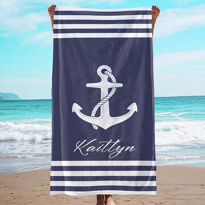 JML Personalized Beach Towel with Name, Custom Anchor Beach Towel, Customized Microfiber Pool Towel, Quick Dry & Absorbent Swim Towel for Adult,Anniversary, Birthday, Summer Holiday,Vacation