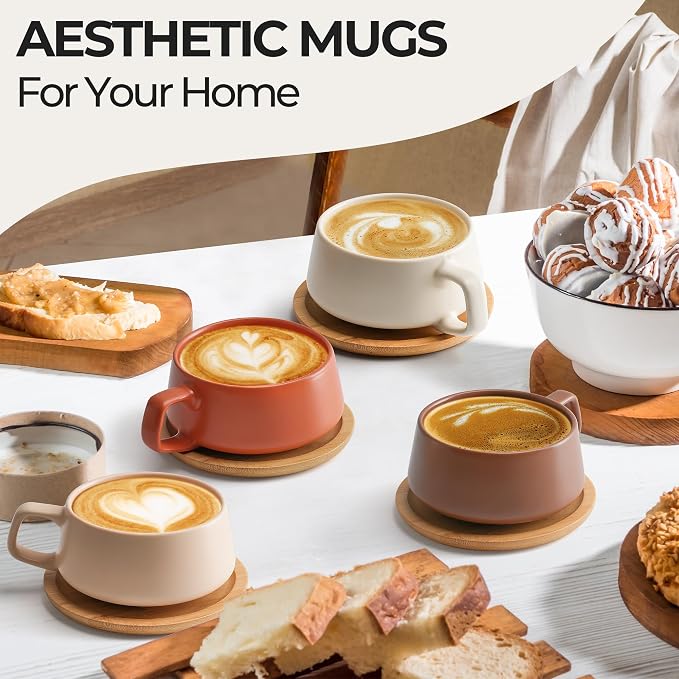 MIAMIO - Cappuccino Cup Set of 4, Ceramic (11oz) - Luxe (Beige Pastel) | Ceramic cappuccino cups and saucers, wide latte cups and mugs for Americano, 4-piece set of ceramic cups, dishwasher safe