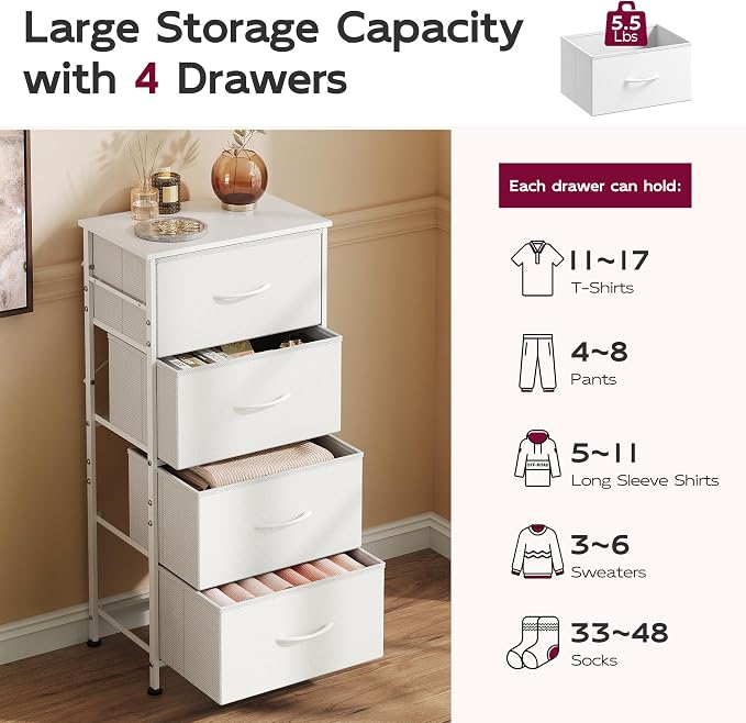 WLIVE Small Dresser Nightstand for Bedroom, 4 Drawers, White | 4 vertical fabric drawers, Space-saving tower, Bedroom or closet use, Chest of drawers, Dresser for small spaces