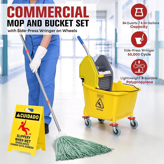 MATTHEW CLEANING 34Quarts Commercial Mop Bucket INCL.Wet String Mop with Down Press Wringer On Wheels,Industrial Heavy-Duty Floor Cleaning w/Handle, Mop Bucket for Home,Offices,Commercial, Restaurants