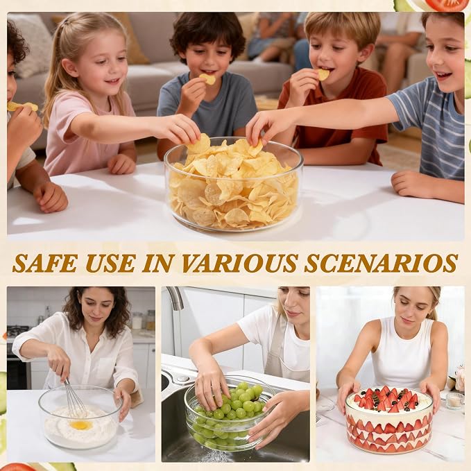 Glass Salad Bowl with Lid, 9.8" Large Glass Mixing Bowls with Acacia Wood Lids Set & Serving Utensils, 200oz Trifle and Serving Bowl for Salads, Fruit, Pasta, Dessert, Popcorn, Microwave Safe
