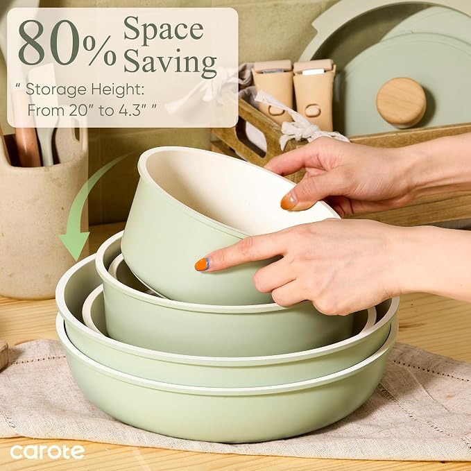 CAROTE Pots and Pans Set, Nonstick Cookware Set Detachable Handle, 19pcs Induction Kitchen Cookware Sets Non Stick with Removable Handle, RV Cookware Set, Oven Safe, Sage Green