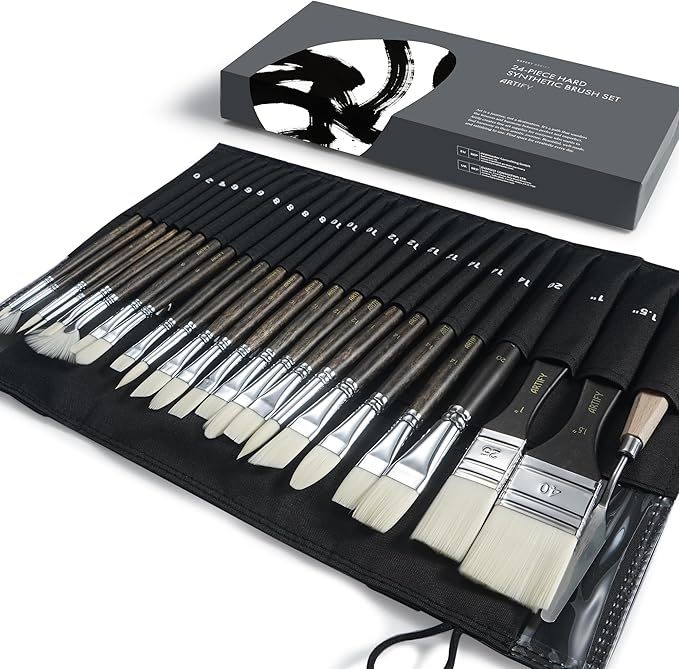 ARTIFY 24 Pieces Synthetic Hog Bristle Paint Brush Set – Expert Series Nylon Brushes for Acrylic, Oil Painting– No Shedding, Canvas Roll Case & Palette Knife, Artist Gifts Art Supplies