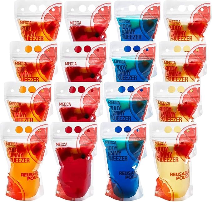 Reusable Drink Pouches - 200 Clear Drink Bags with 200 Straws - Double Zipper Reusable Smoothie Pouches Juice, Clear Zipper Pouch Storage Bags, Leak-Free and BPA Free