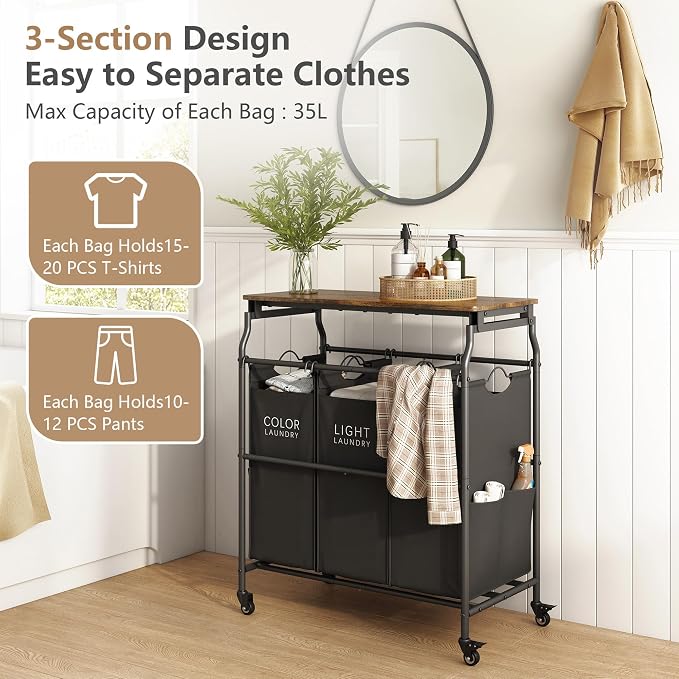Hoctieon 3 Section Laundry Sorter with Iorning Board, Laundry Hamper, Black | Lockable Wheels, Laundry Basket Organizer with Wheels, Heavy Duty Clothes Organizer, Large Clothes Separator, Removable Bags