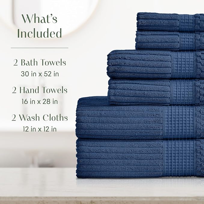 Springtree Home 100% Cotton Bath Towel Set | 6-Piece Set | Textured | Navy | Absorbent & Quick-Dry Bathroom Towels | Textured and Durable Cotton Towels for Bathroom | OEKO-TEX | Krista Collection