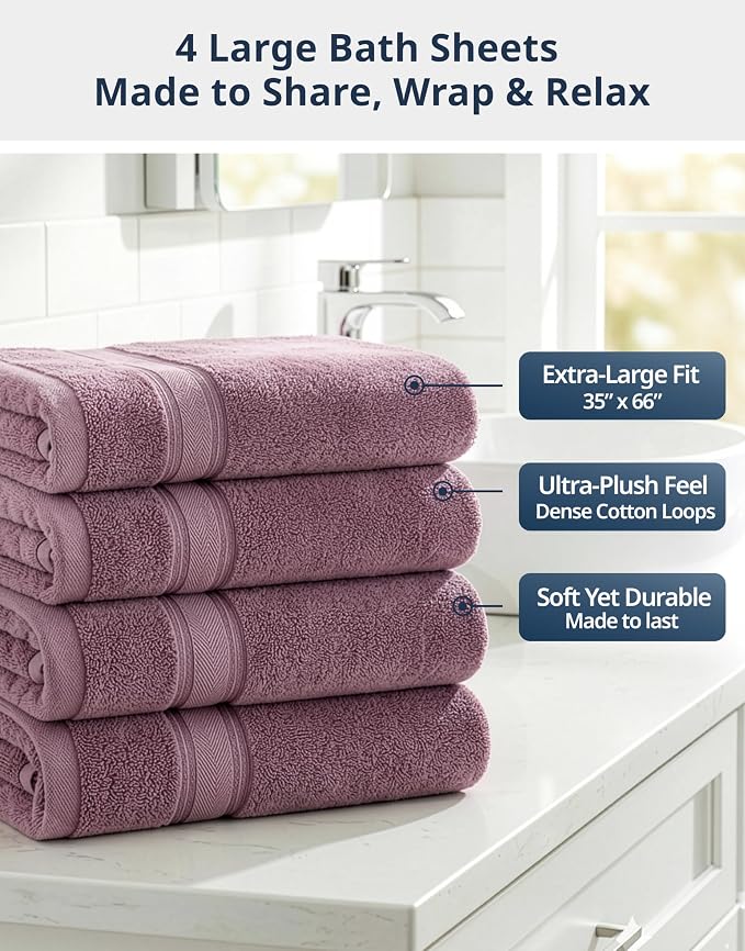 LANE LINEN 100% Cotton Bath Sheets - Zero Twist Cotton - Advanced Weaving Technique - Set of 4 (35" x 66") Turkish Towels Set - Quick Dry, Super Soft & Absorbent - Large Bath Towel Set - Wistful Mauve
