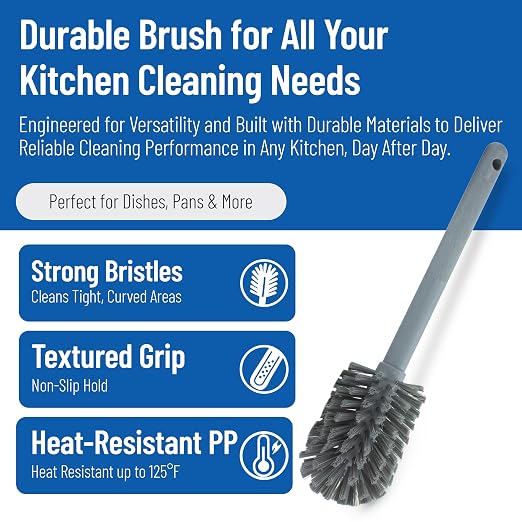 SPARTA Large Water Bottle Brush Ideal for Wide-Mouth Jars, Bottles and Tumblers, Dishwashing Tool with Handle for Home and Commercial Kitchens, Plastic, 12 Inches, Gray, (Pack of 6)