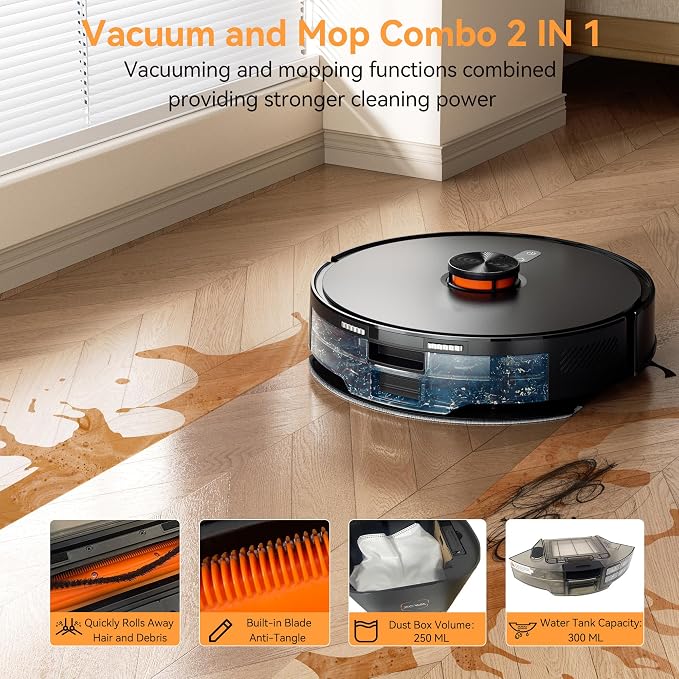 Robot Vacuum and Mop Combo, 90-Day Self-Emptying, 10,000 Pa Suction, with dToF & Laser Navigation & Smart Mapping, Anti-Tangle, 160-Min Runtime, Ideal for Hard Floors, Pet Hair & Carpets