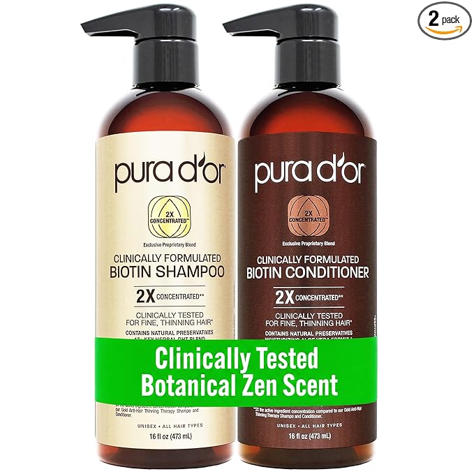 PURA D'OR Clinically Formulated Biotin Shampoo & Hair Regrowth Conditioner For Hair Thinning - 2X Concentrated Proprietary Thickening Blend For Women & Men, Sulfate Free, Botanical Zen Scent,16oz x2