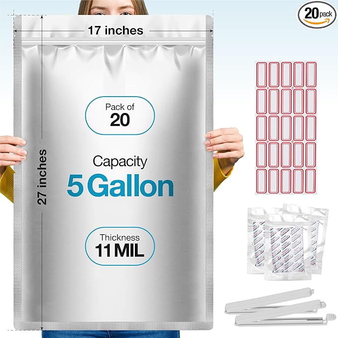 BELLE KR® 20 Pcs 5 Gallon Mylar Bags With Oxygen Absorbers 2000cc - 11 Mil Thick - With Sticker Labels and Closure Clip - Smell Proof, Zipper Closure Heat Resealable Large Mylar Bags For Food Storage