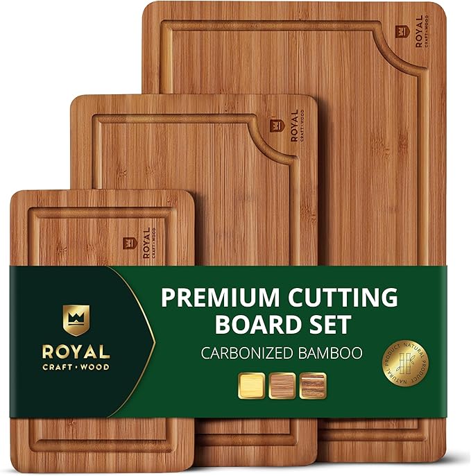 ROYAL CRAFT WOOD Wooden Cutting Boards for Kitchen Appliances - Non Toxic Bamboo Wood Cutting Board Set with Deep Juice Groove, Side Handles, Charcuterie & Butcher Block for Meat, Meal Prep & Serving
