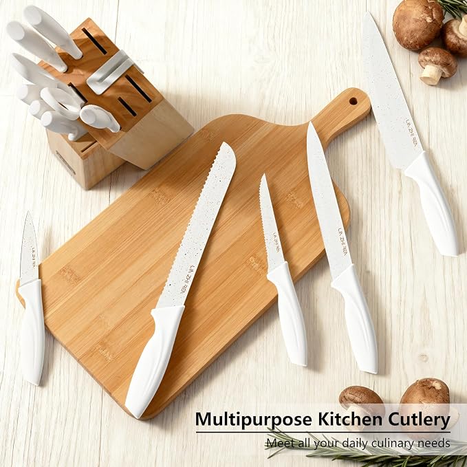 13 Piece Knife Set，Kitchen Knife Block Set，White stainless steel knife set with sharpener for Chopping, Slicing, Dicing & Cutting，Dishwasher safe