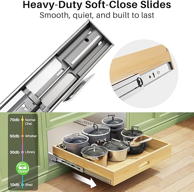 Pull Out Cabinet Organizer, Soft Close Wooden Slide Out Drawers for Pots and Pans, Full-extension Roll Out Shelves for Kitchen Cabinets, Pantry Organization, Bottom & Side Mount(21"W X 21"D x 3.4''H)
