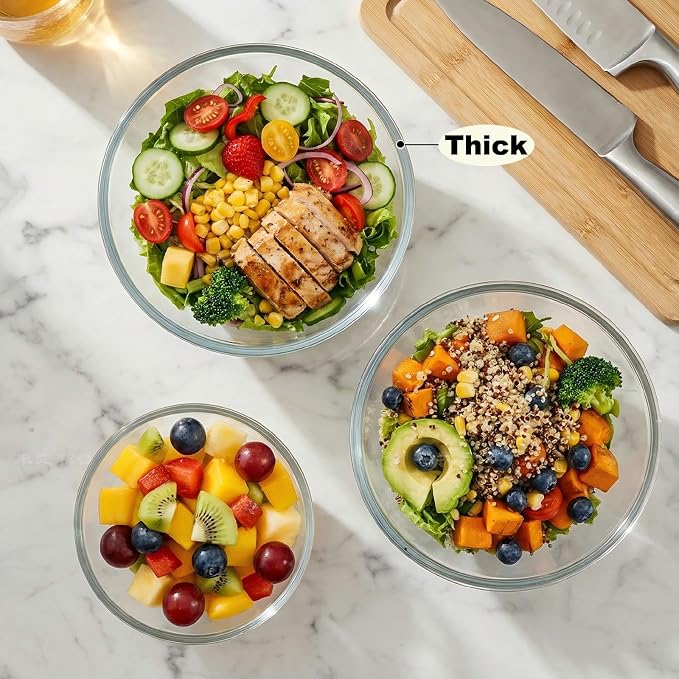 Borosilicate Glass Mixing Bowls Set of 3 (2.8, 2.2, 1.1QT) - Heavy Duty, Scratch Resistant, Non-Toxic & Lead-Free – Oven/Microwave/Dishwasher/Freezer Safe – Ideal for Meal Prep, Baking & Serving