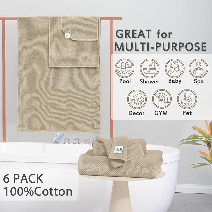 VOOVA & MOVAS 6PC Towel Set, 100% Cotton, Dark Beige | 2 Bath 30x56 In, 2 Hand 18x28 In, 2 Washcloths 13x13 In, Soft, Thick, Quick Dry, Luxury Towel Gift Set
