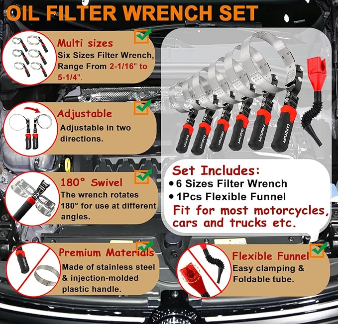 7pcs Oil Filter Wrench Set, Stainless Steel Adjustable Oil Filter Removal Tool Set 2-1/16"-5-1/4", Oil Wrench Tool Set with Oil Funnel for Automotive Oil Change