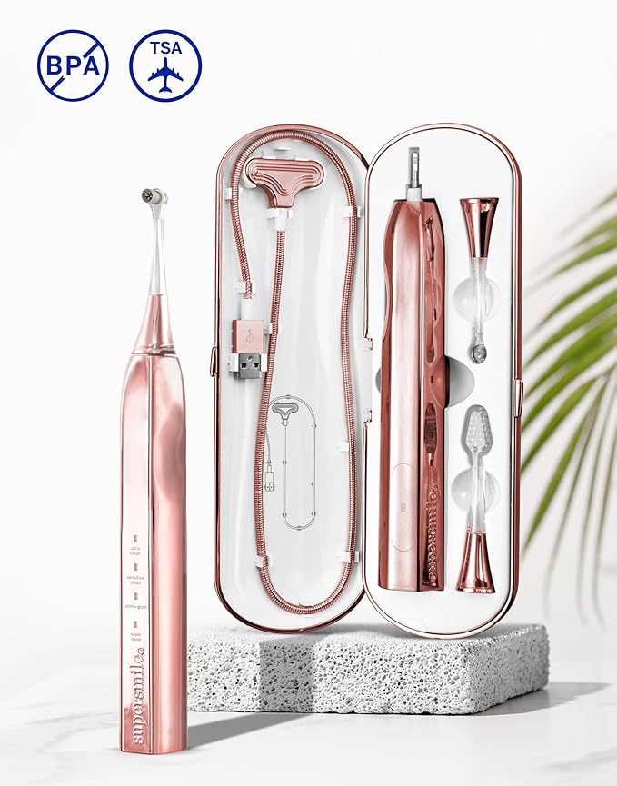 Supersmile Zina45™ Deluxe Sonic Pulse Toothbrush – Rechargeable Electric Brush with Angled Head & Travel Case – for Whiter Teeth and Healthier Gums, Rose Gold