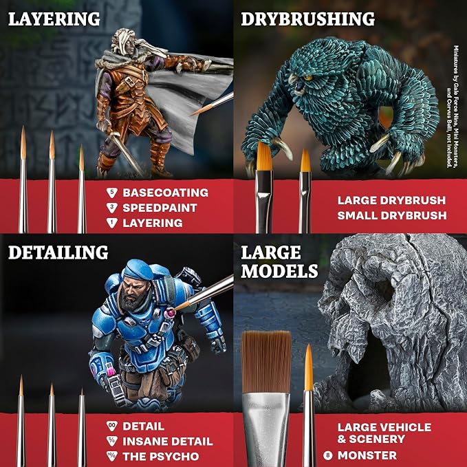 The Army Painter Mega Brush Set, Black, Synthetic, 10 Wargamers Miniature Paint Brushes - 3 for Layering, 2 for Drybrushing, 3 for Detailing & 2 for Large Models