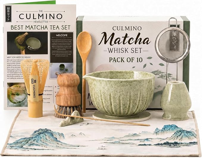 Matcha Whisk Set, Traditional 10 Pcs Set - 450ml Matcha Bowl and Whisk, Whisk Holder, Bamboo Scoop & Spoon, Matcha Sifter, Scoop Holder, Silicone Coaster, Tea Brush & Cloth – Matcha Kit for Tea Lovers