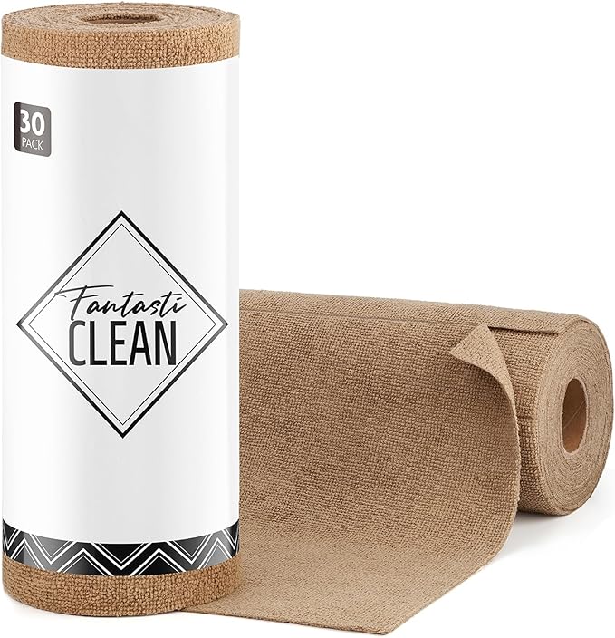 Fantasticlean Microfiber Cleaning Cloth Roll -30 Pack, Tear Away Microfiber Towels, 12" x 12", Reusable, Washable, Scratch Free, Ultra Absorbent Dishcloth for All-Around Cleaning Supplies (TAN)