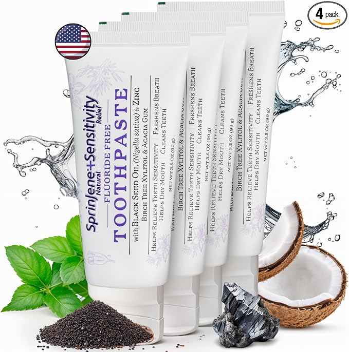 SprinJene Fluoride Free Toothpaste - Patented Natural Toothpaste with Black Seed Oil & Zinc - Made in the USA - Vegan Non Fluoride for Fresh Breath Preservative Free (4 Pack)