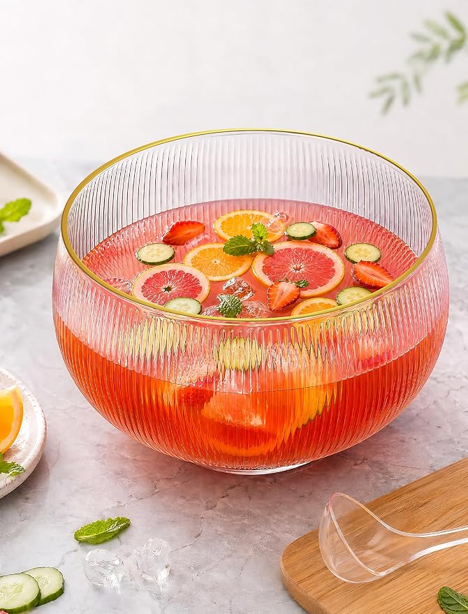 NiHome Glass Punch Bowl Set with Ladle, 2.5 Gal Gold Rim Ribbed for Parties | Borosilicate Crystal Clear, Hand Wash. Large Capacity for Wedding, Birthday, Holiday, Cocktails, Drinks, Salads, Snacks
