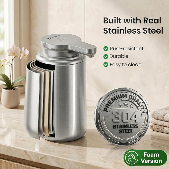 GentleJet WaveJet Automatic Foaming Soap Dispenser Touchless Sensor, USB-C Rechargeable, 304 Stainless Steel, IPX5 Waterproof for Bathroom Kitchen Sink, 12 oz / 350 ml