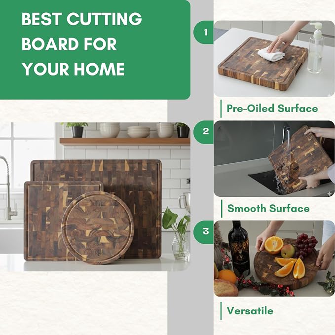 End Grain Acacia Wood Cutting Boards for Kitchen, 1.5 in Thick Butcher Block Construction for Stability, 15 x 10 in Medium Cutting Boards with Gift Box, Juice Groove and Handle