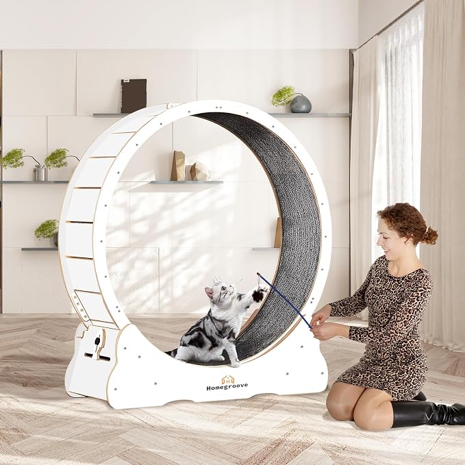 Homegroove Cat Running Wheel, 45" Large XL Cat Exercise Wheel Treadmill with Carpeted Runway, Sport Toy for Kitty’s Longer Life (XL, White)