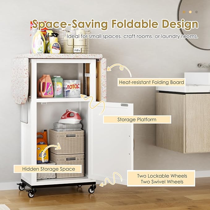 Rolling Ironing Board with Storage Cabinet, Folding Ironing Board, White | Small Ironing Board Cabinet with Wheels, Wooden Fold Down Ironing Station with Heat-Resistant Sponge for Small Space