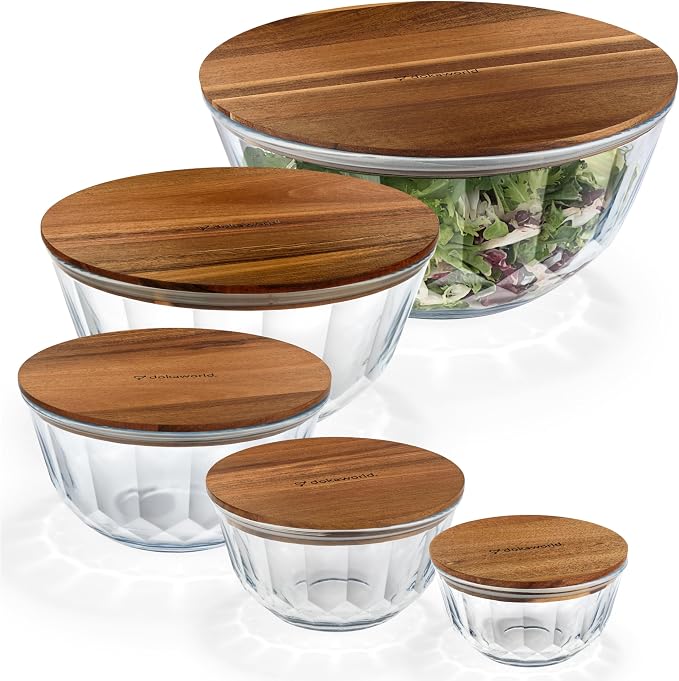 Large Stackable Set of 5 Nesting Glass Bowls with Acacia Lids for Foodprep, Storage, Baking, Sourdough Mixing & Cooking. Microwave & Oven Safe Heat Resistant Inert Borosilicate Glass