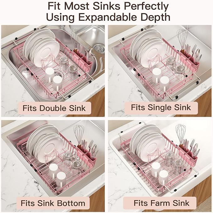 Pink Dish Drying Rack Over The Sink with Utensil Holder | Expandable Stainless Steel Dish Drainer for Small Kitchen, Apartment, RV, Counter Space Saving, Perfect Fit, Rustproof